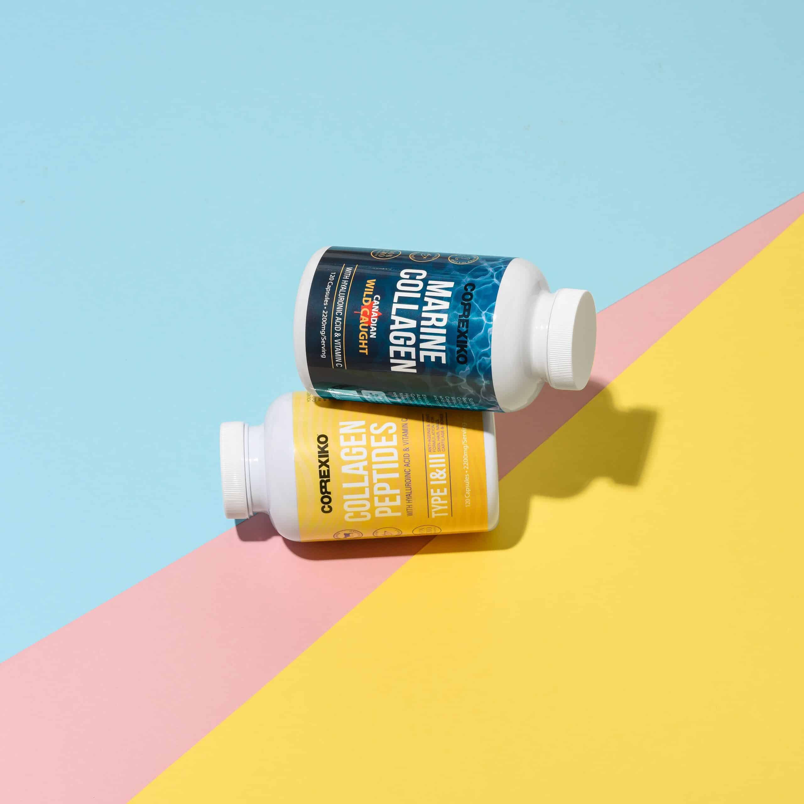 Collagen peptide powder on a multi-colored background.